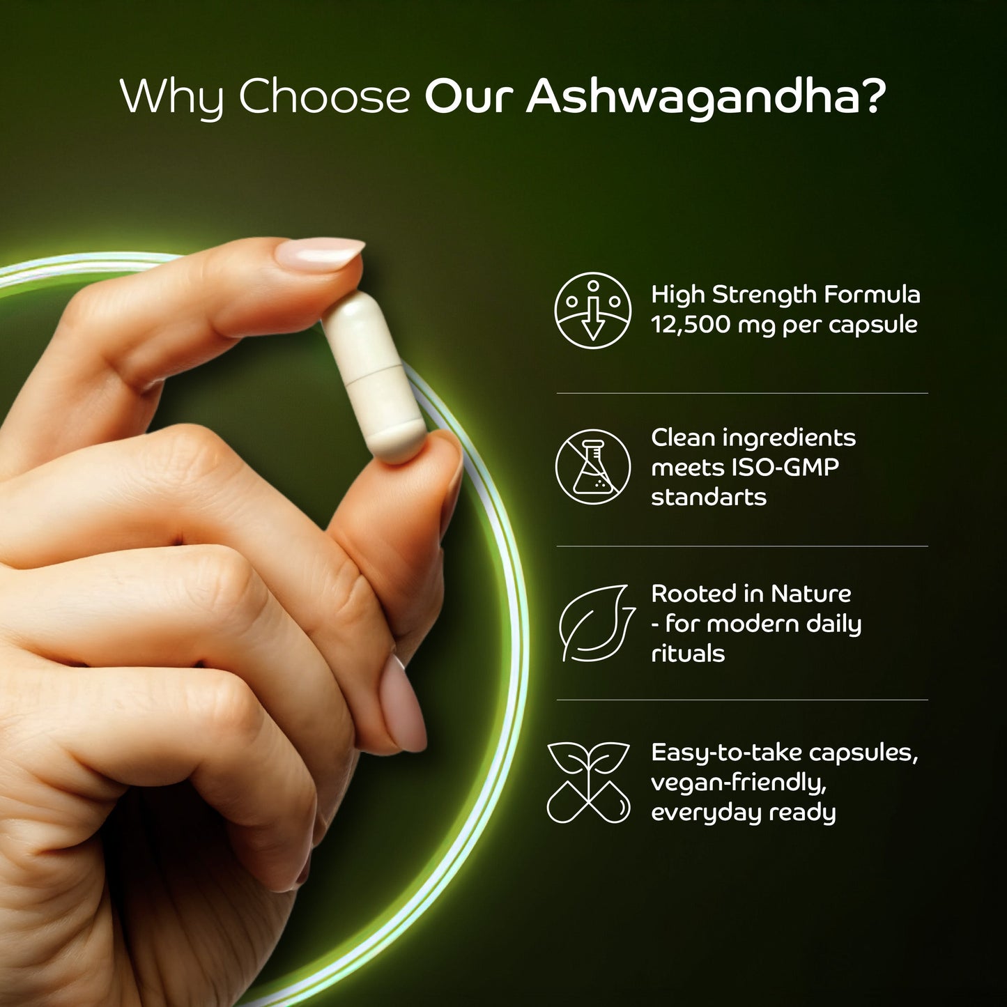 Ashwagandha 12500mg per capsule, That Calms Your Mind. Focuses Your Energy. Naturally