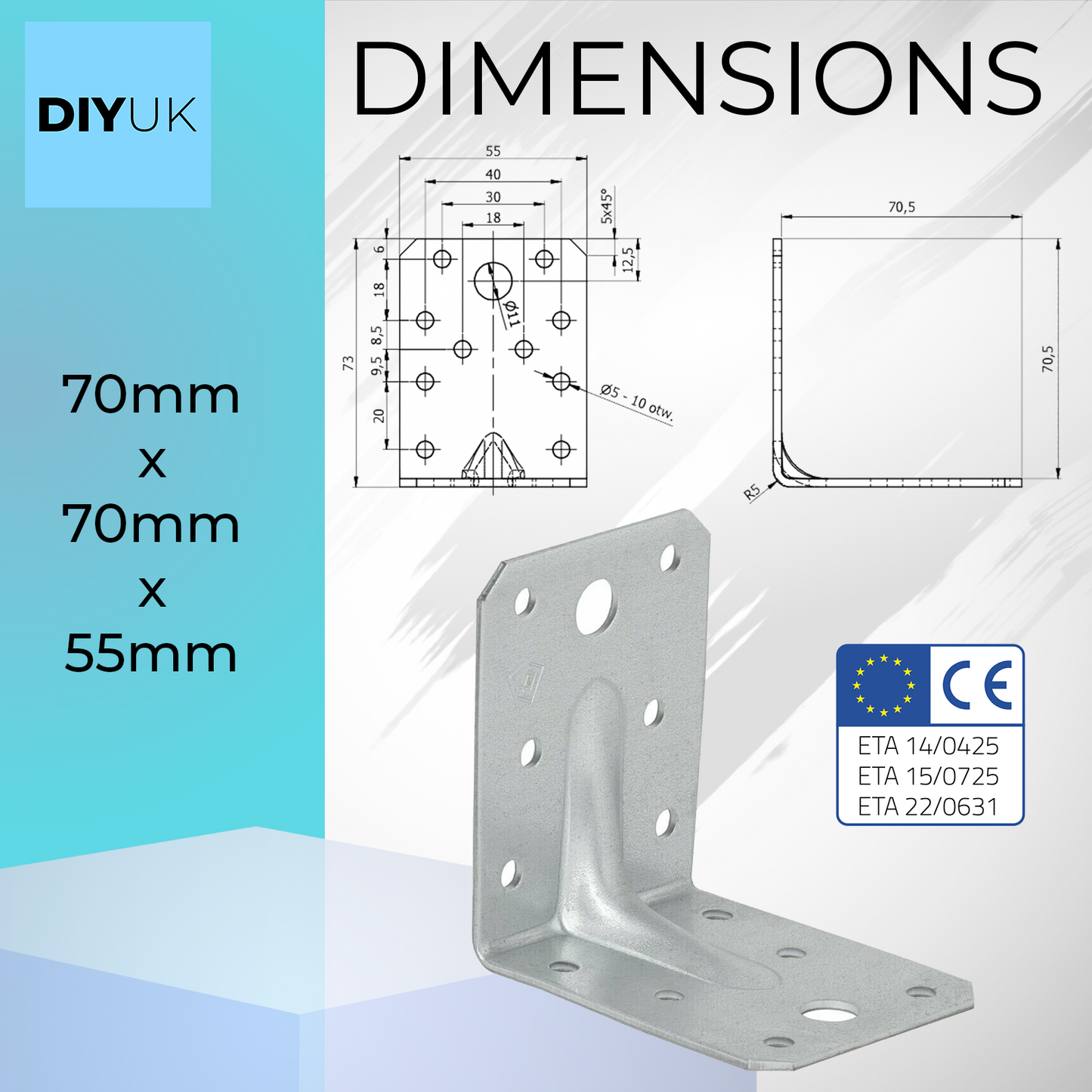 DIYUK Angle Bracket Heavy Duty 2.5mm Galvanised Steel Metal Corner Braces for Joining, Bracing, and Reinforcing