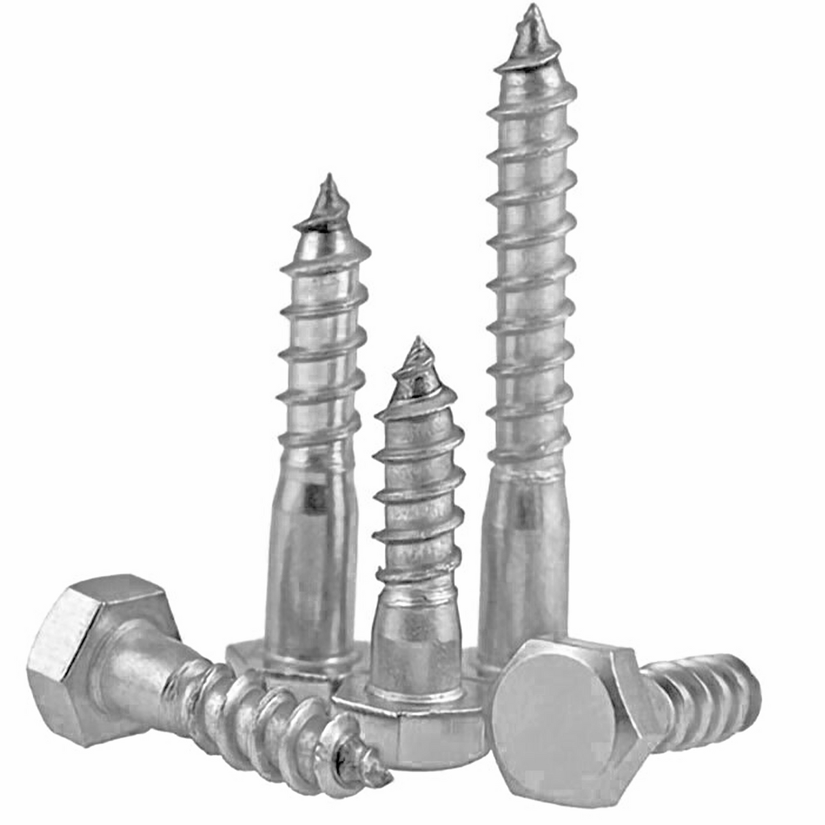 Group of hex head coach screws in different lengths, some standing on their heads, with plain shanks and coarse wood-screw threads, on a white background