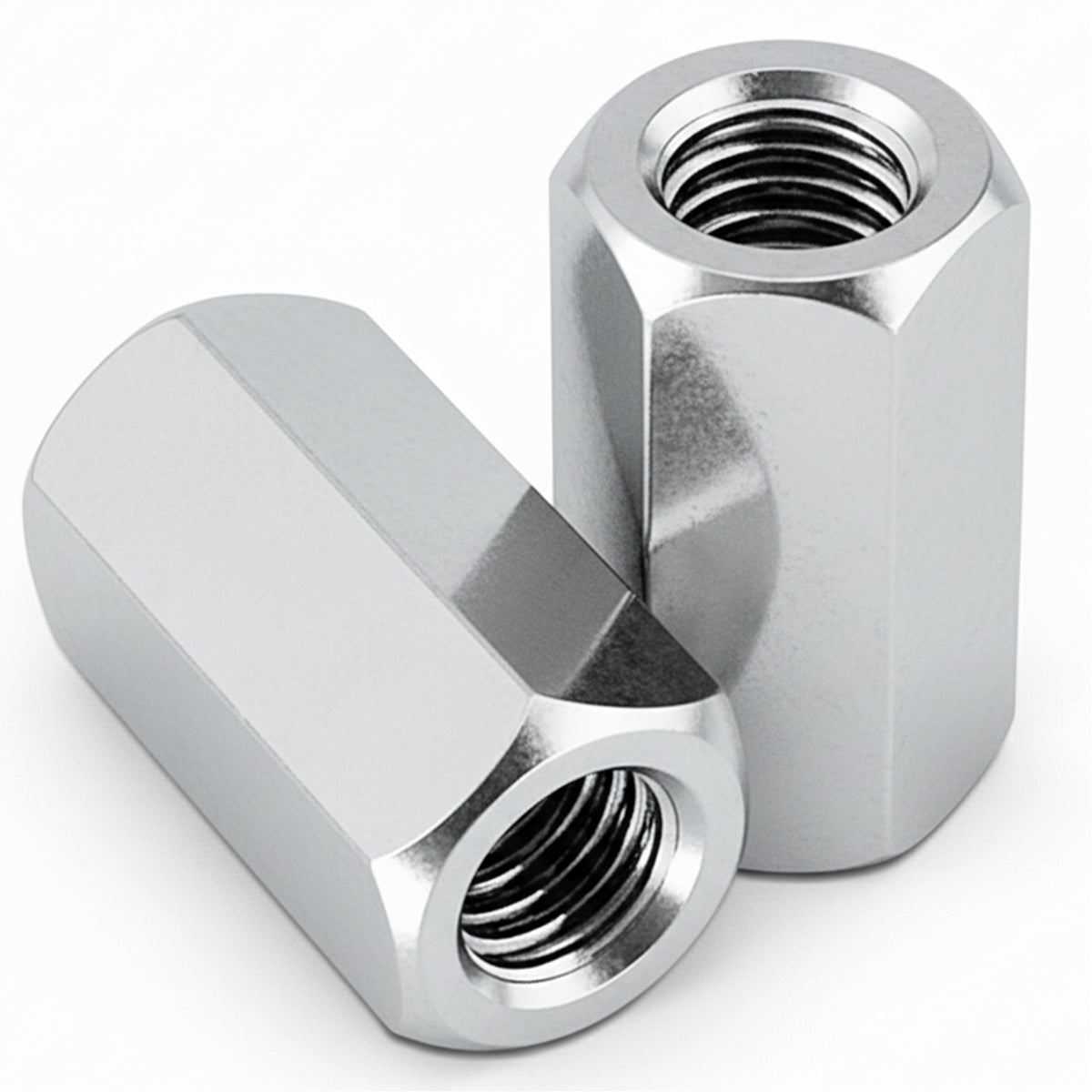 DIYUK DIN 6334 hex coupling nuts, two bright zinc plated steel long hex nuts showing the full-length internal thread, on a white background