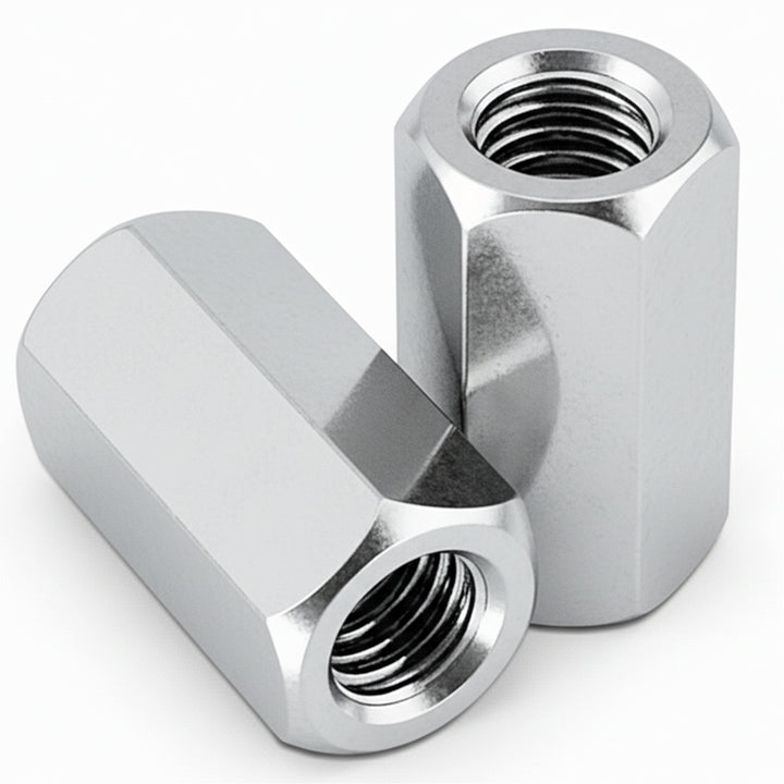DIYUK DIN 6334 hex coupling nuts, two bright zinc plated steel long hex nuts showing the full-length internal thread, on a white background