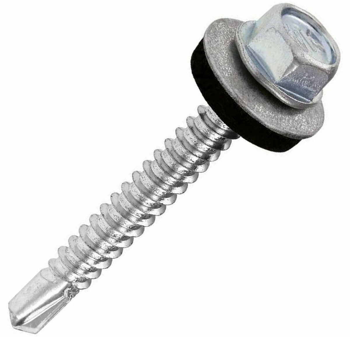 Close-up of a zinc-plated hex head self-drilling screw with its EPDM sealing washer on a white background