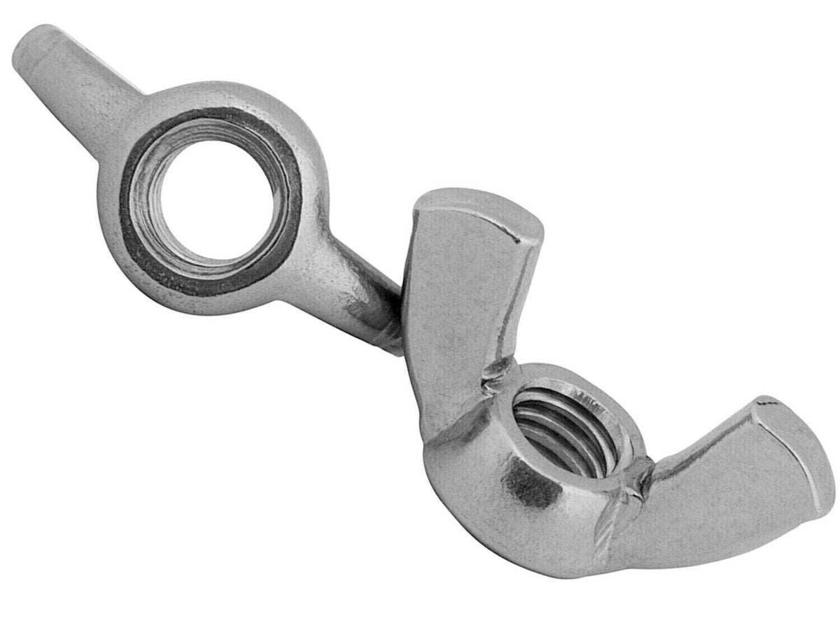 Two zinc plated wing nuts, DIN 315 American form, showing the thread and wings