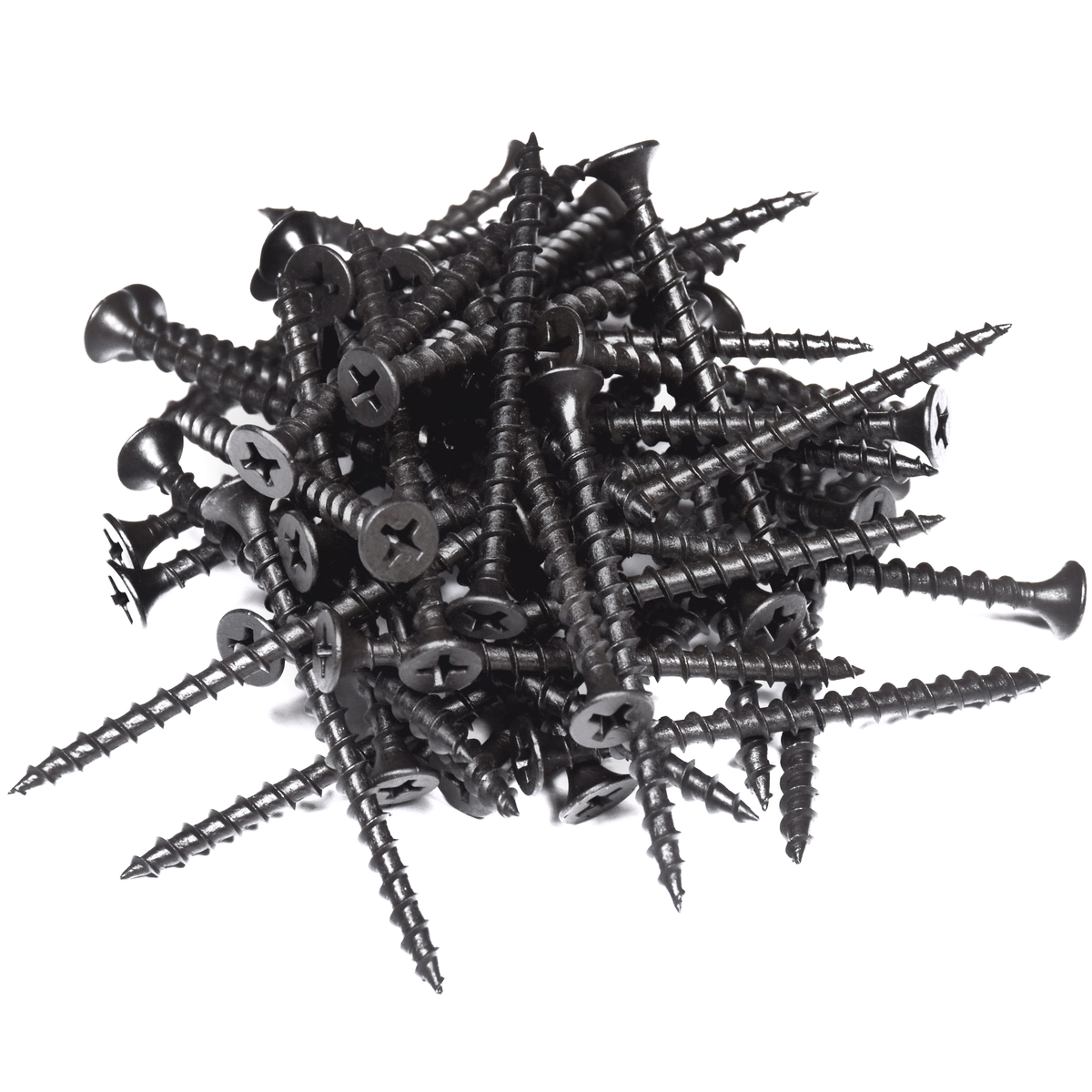 Pile of black phosphate coarse thread drywall screws with PH2 Phillips heads