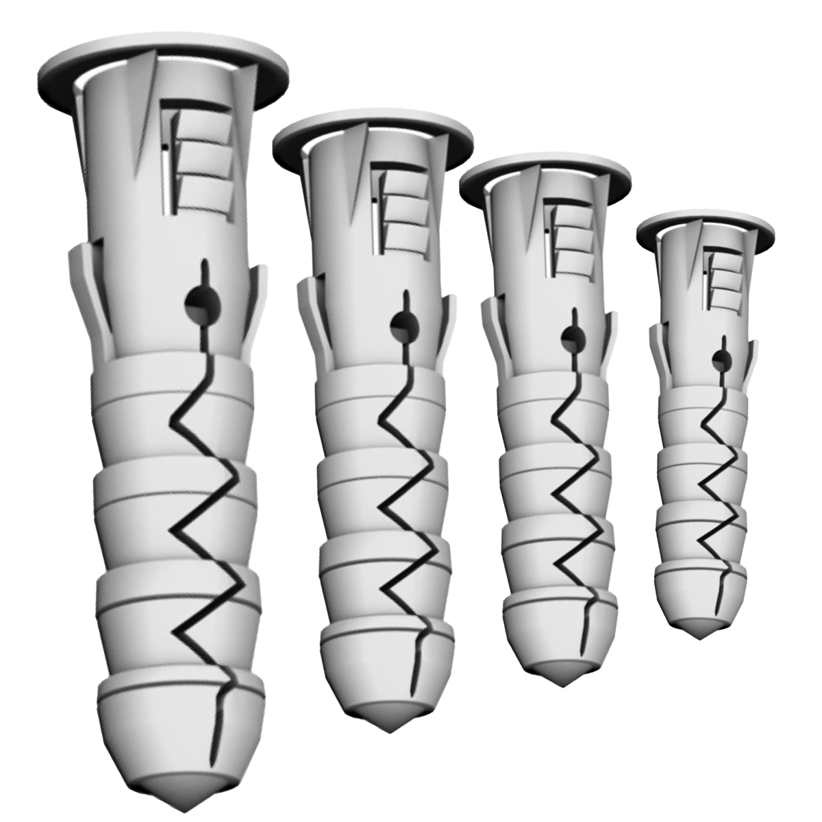 Four grey polypropylene wall plugs in different sizes