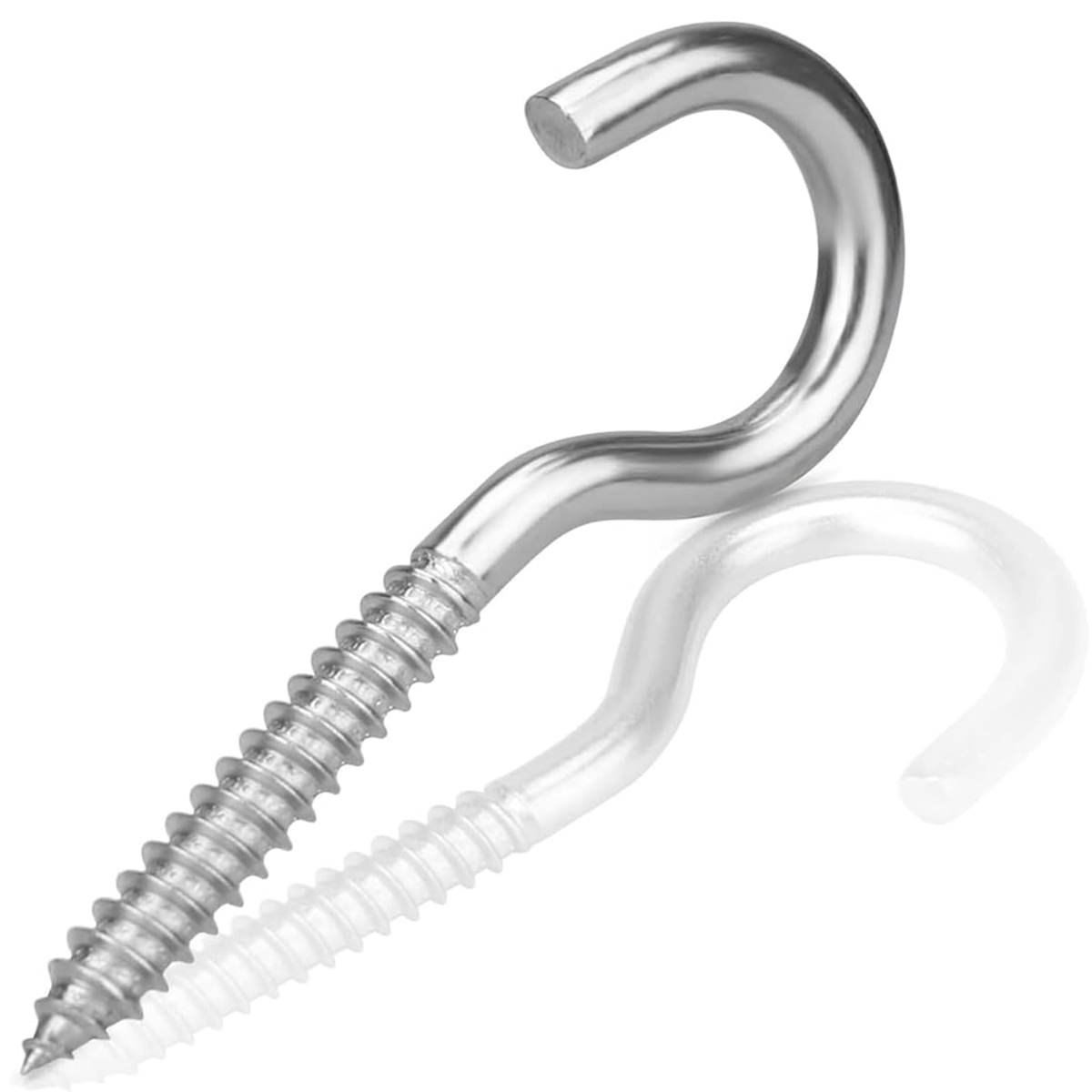A bright zinc-plated screw-in cup hook with a self-tapping wood screw thread and a pale second hook behind it, on a white background