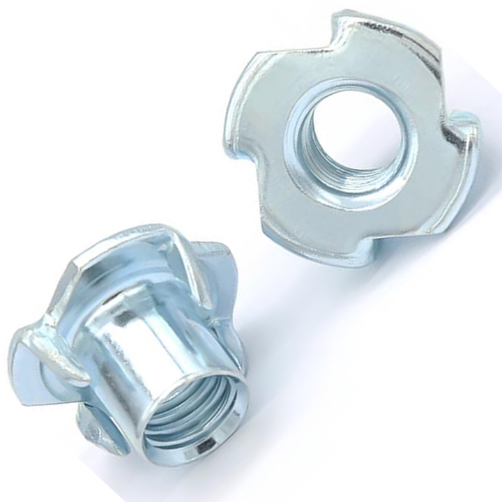 White zinc plated 4-prong T-nuts, flange with prongs and threaded barrel