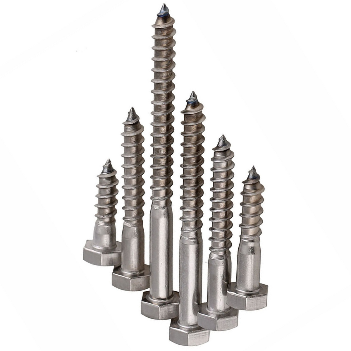 Six hex head coach screws in graded lengths standing on their heads, on a white background