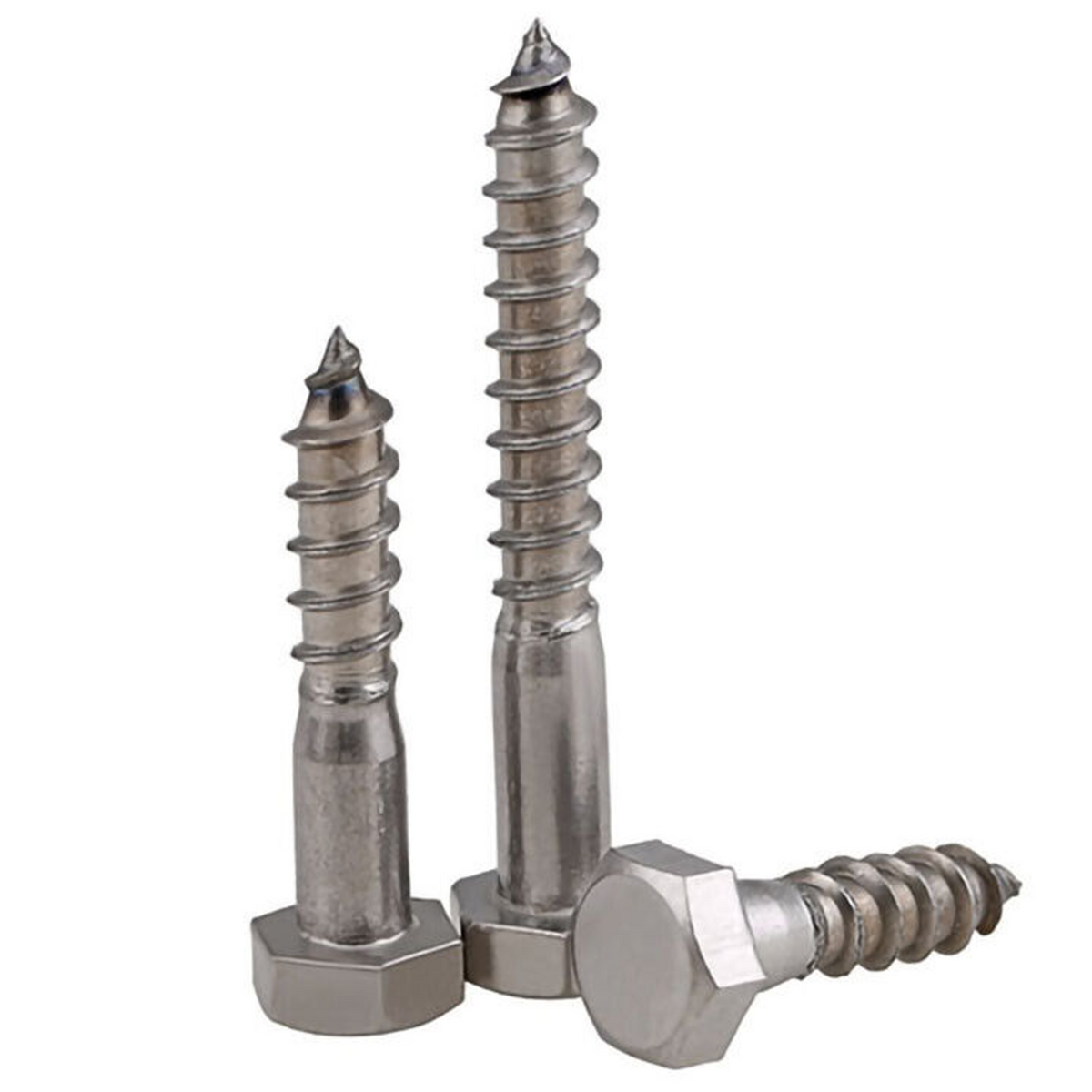 Three hex head coach screws in two lengths, with plain shanks and coarse wood-screw threads, on a white background