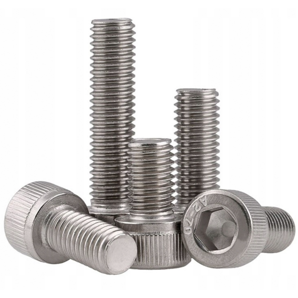 A group of A2 stainless steel Allen socket cap head screws, standing and lying, on a white background