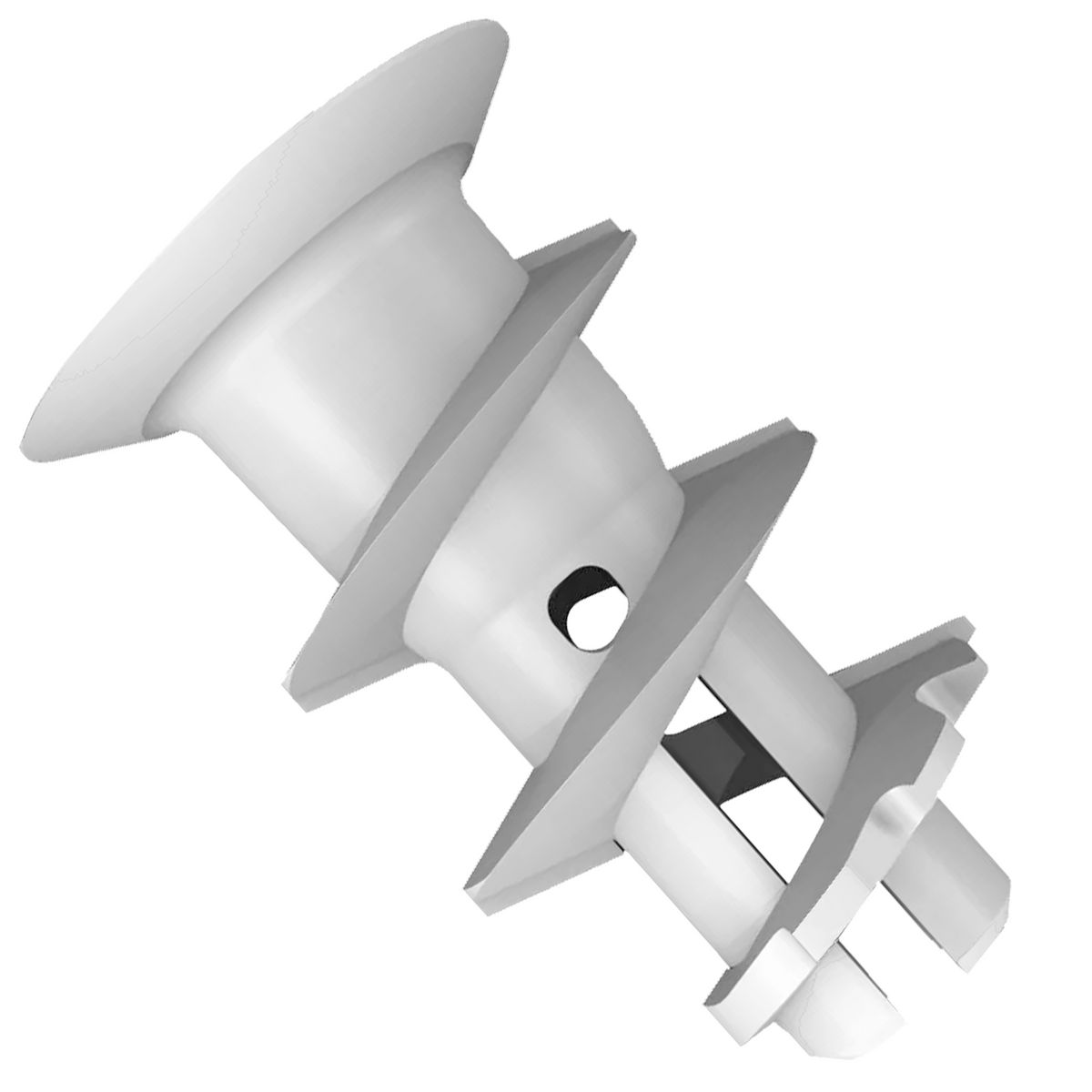 Rendered illustration of a plastic plasterboard cavity anchor with a countersunk head, coarse external thread and split tip, on a white background