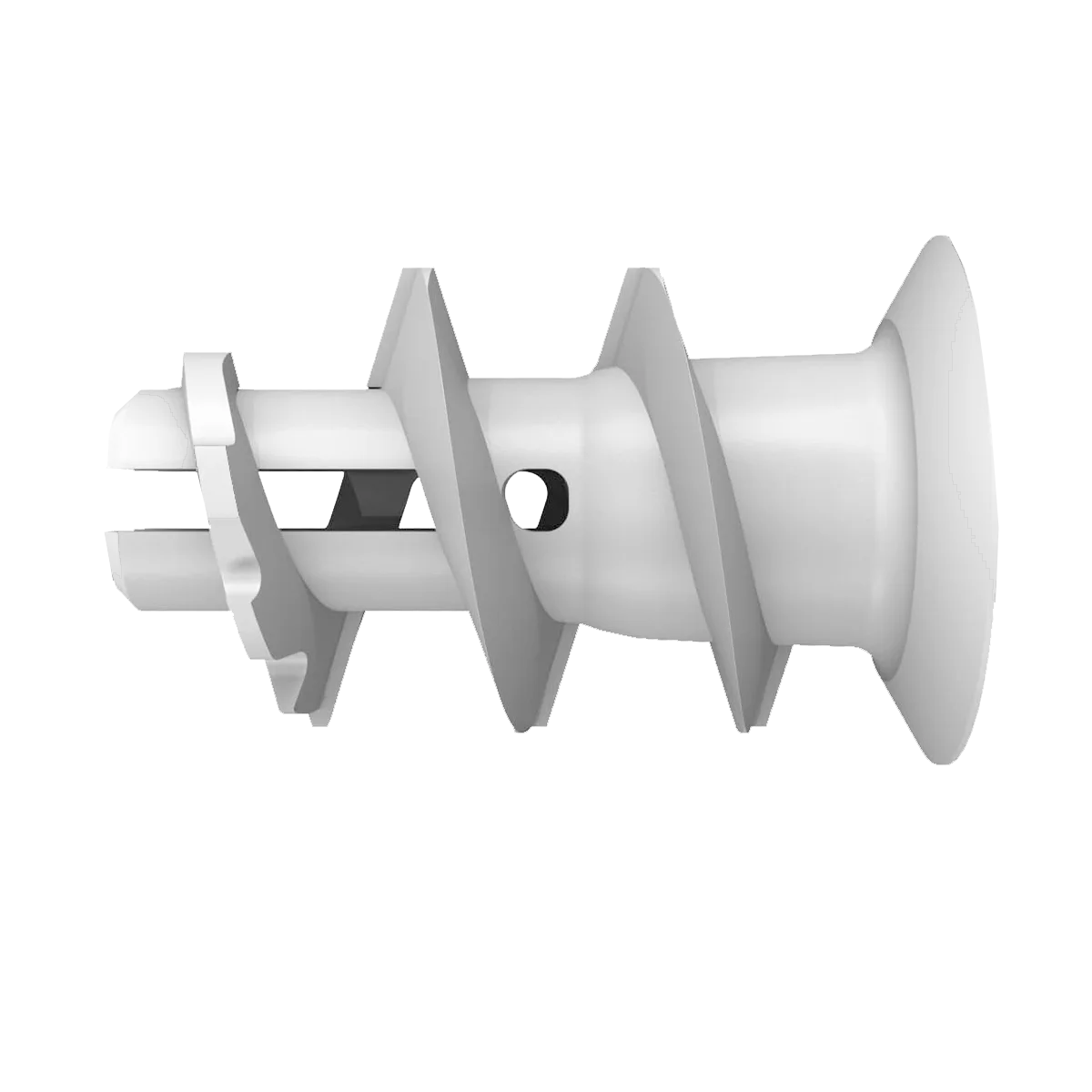 Side view render of a plastic plasterboard cavity anchor with a countersunk head, coarse external thread and split tip, on a white background