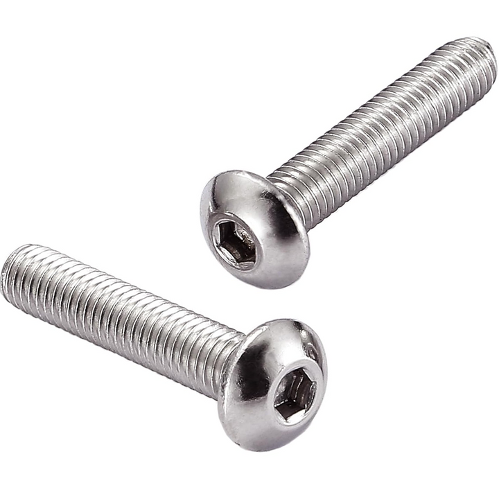 Two A2 stainless steel hex socket button head bolts with domed heads and fully threaded shanks, on a white background