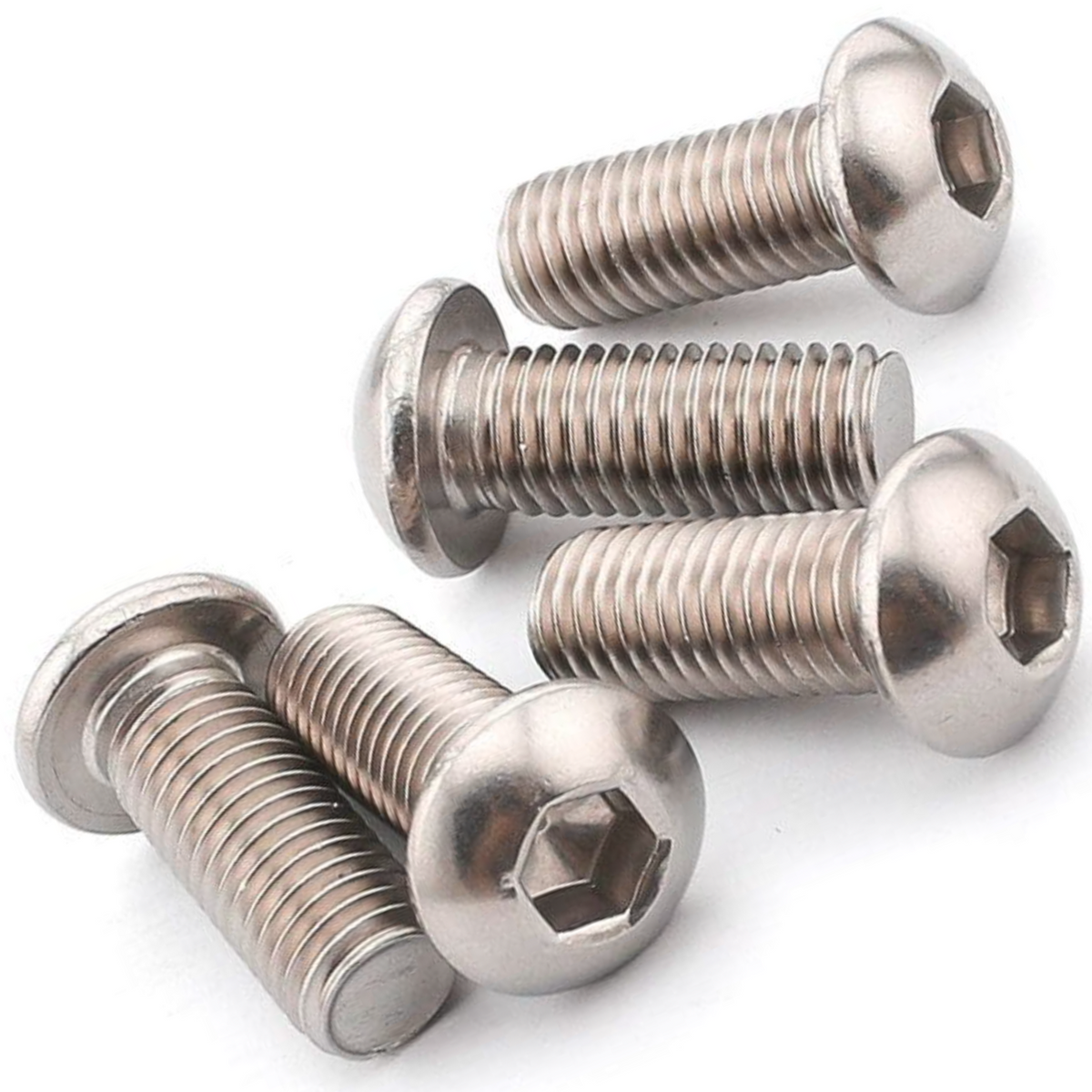 A2 stainless steel button head bolts with hex socket drive, close-up of the domed heads and threads