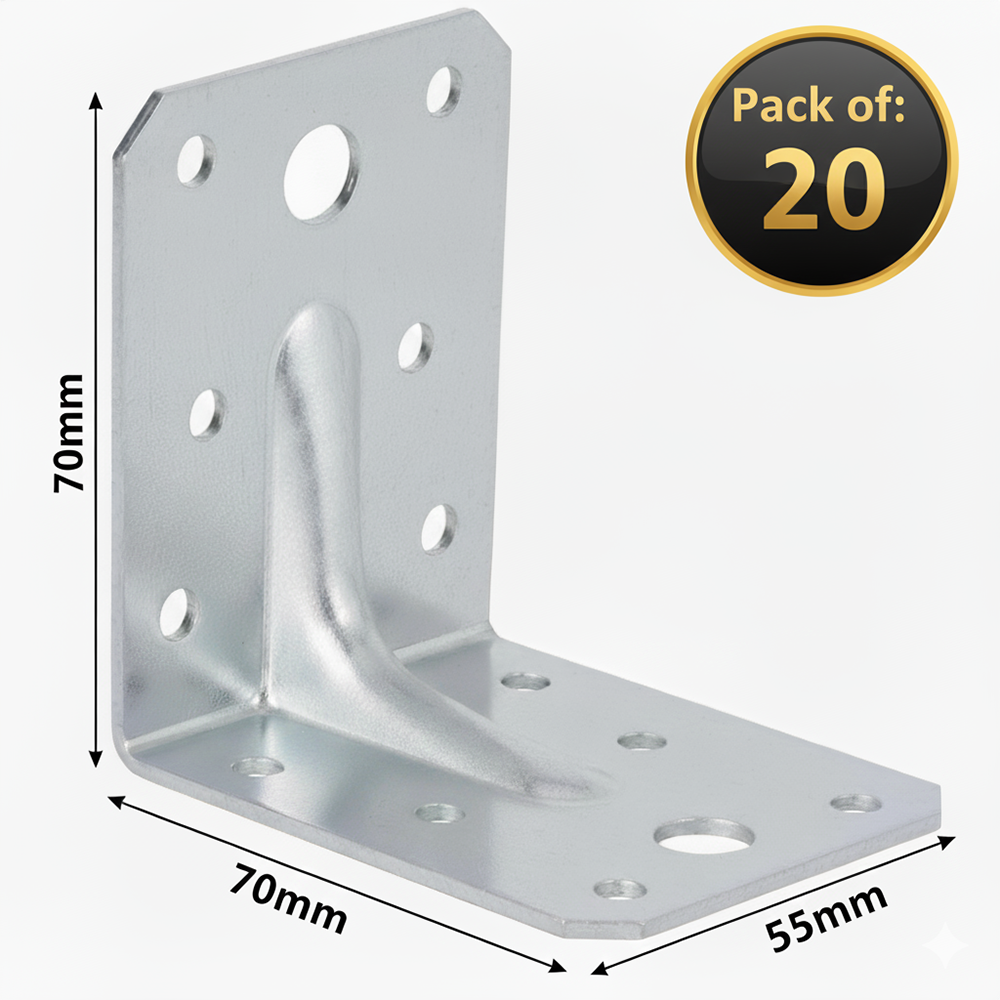 Angle Corner Brackets for Wood 70x70x55x2.0mm Galvanised Heavy Duty Steel L Braces Zinc Coated Metal Joist Sheet DIYUK