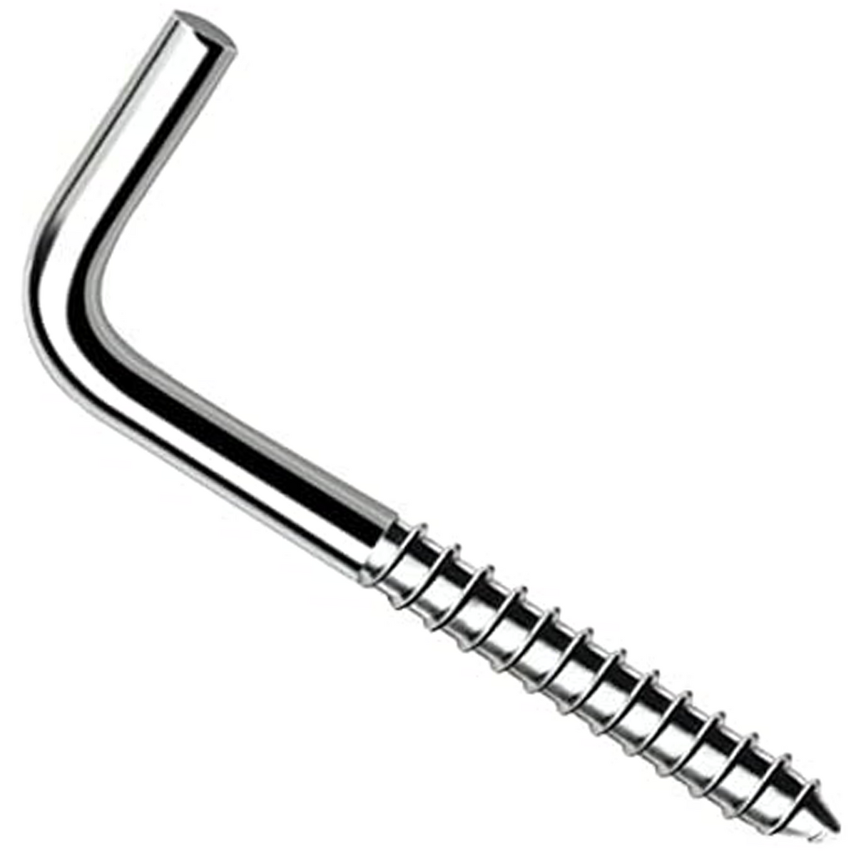 White zinc-plated steel L-hook screw (square cup hook) with a pointed wood screw thread, on a white background