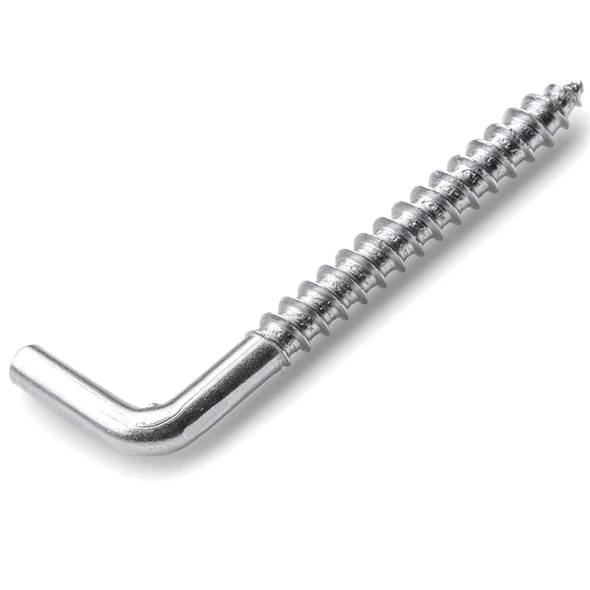 White zinc-plated steel L-hook screw, close-up of the wood screw thread and the square hook