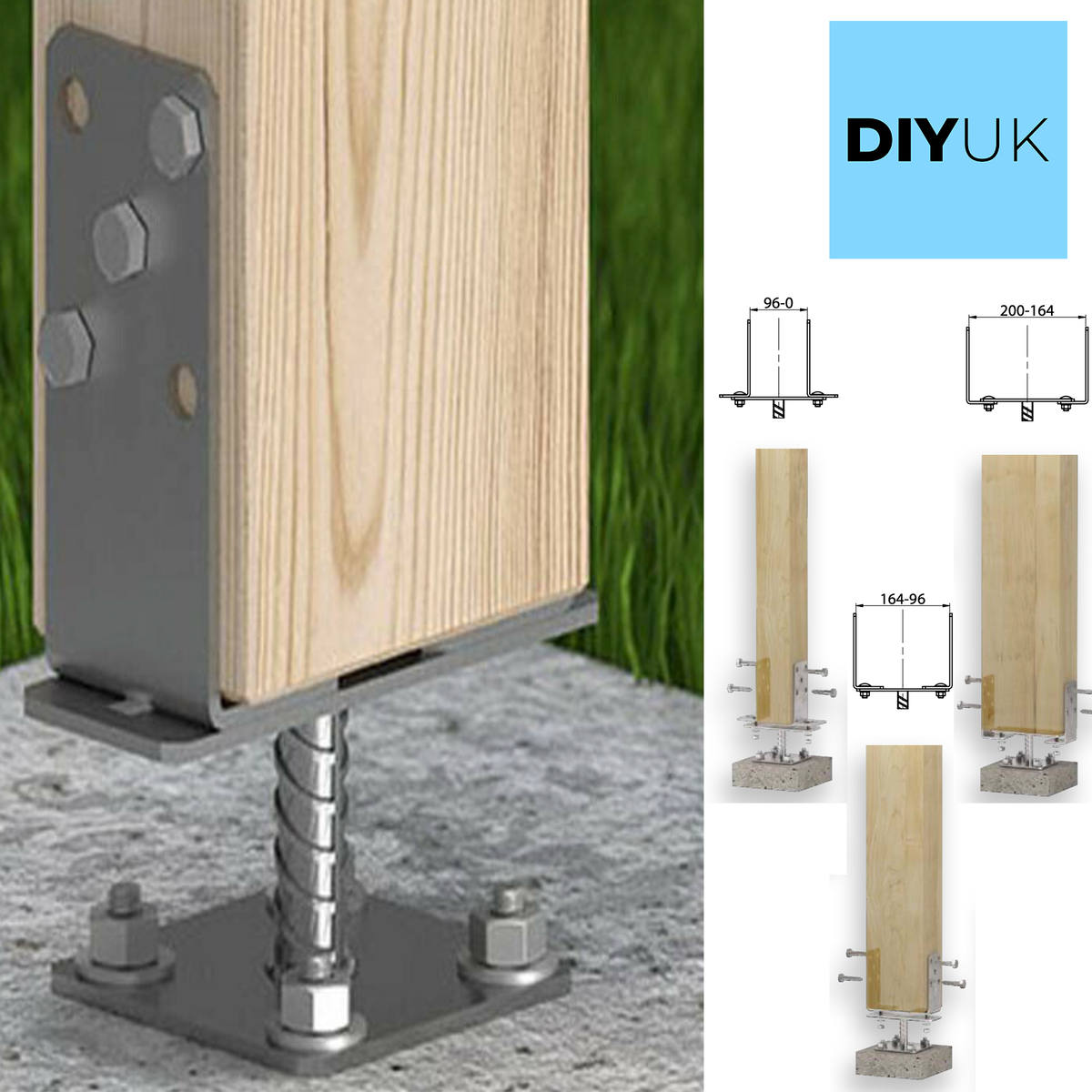 Adjustable 60-200mm Metal Brackets for Fence Post Repair to Concrete, Decking Support 