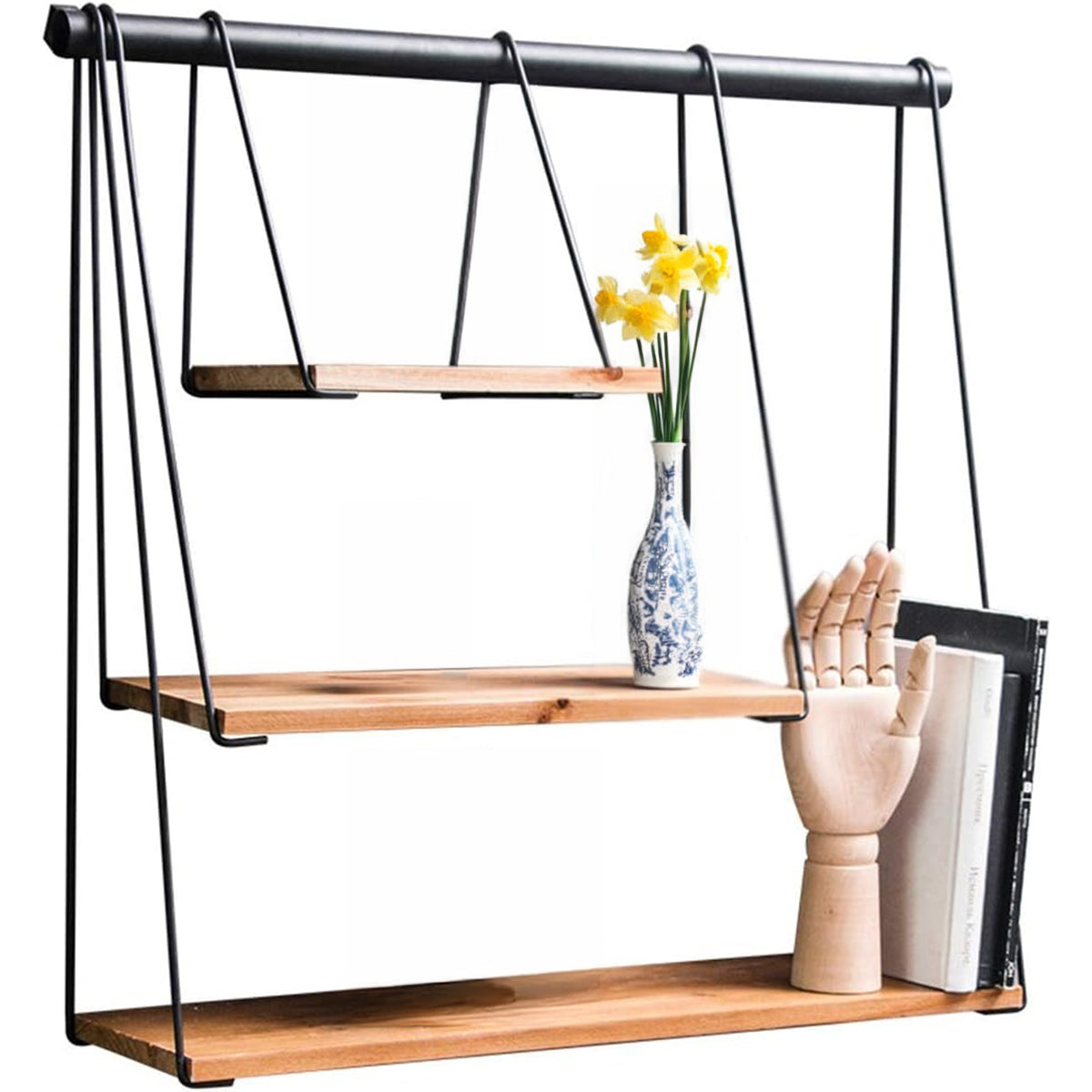 Stylish Multi Tiered Floating Wall Shelves, Pine Wood and Black Steel Frame for Decorative Display - DIYUK