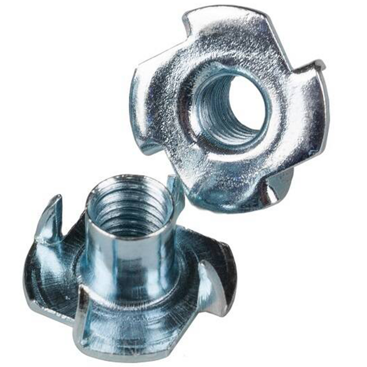Two zinc plated T-nuts showing the four prongs and the threaded barrel