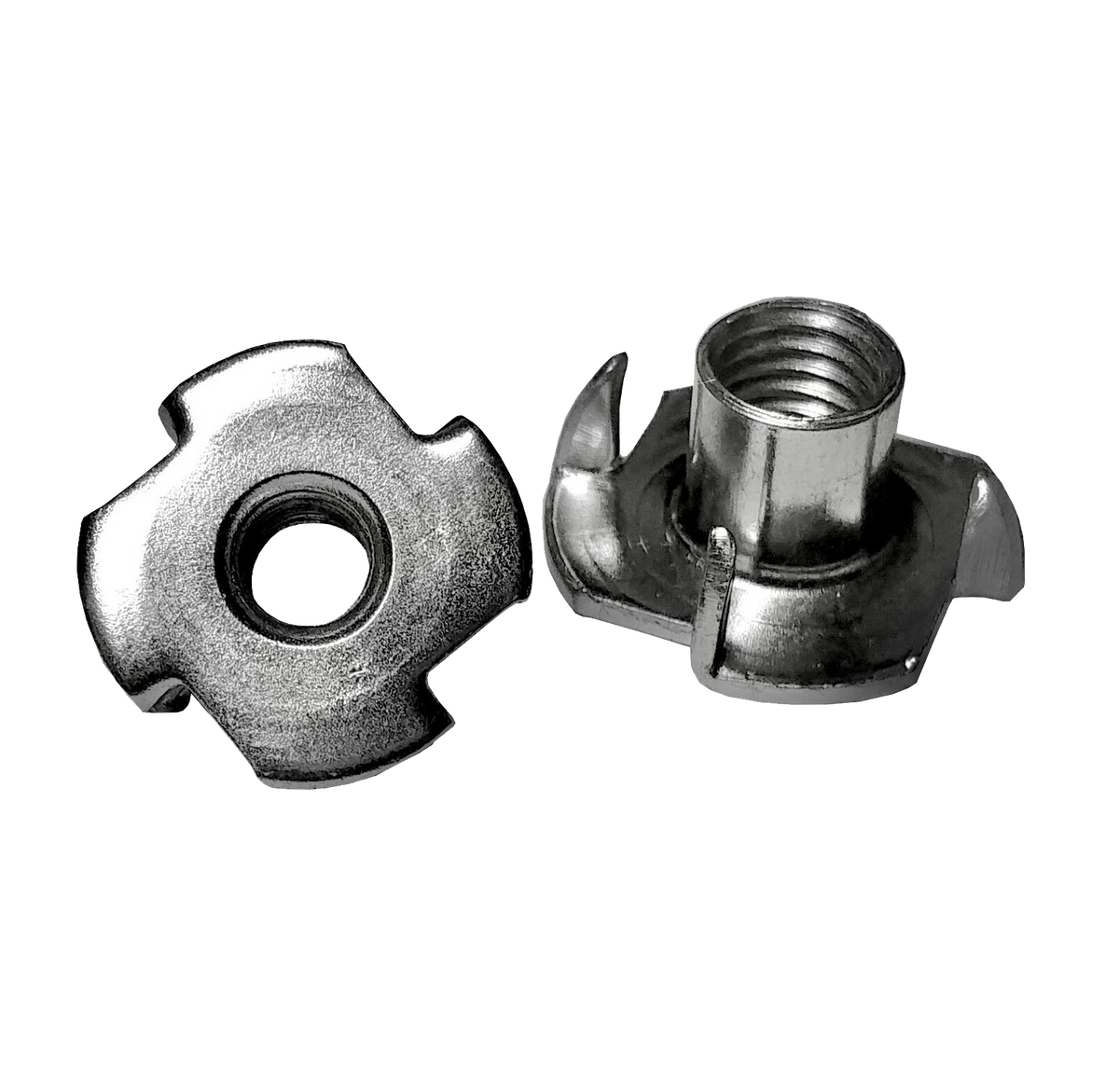 Zinc plated 4-prong T-nuts, flange and barrel, on a dark background