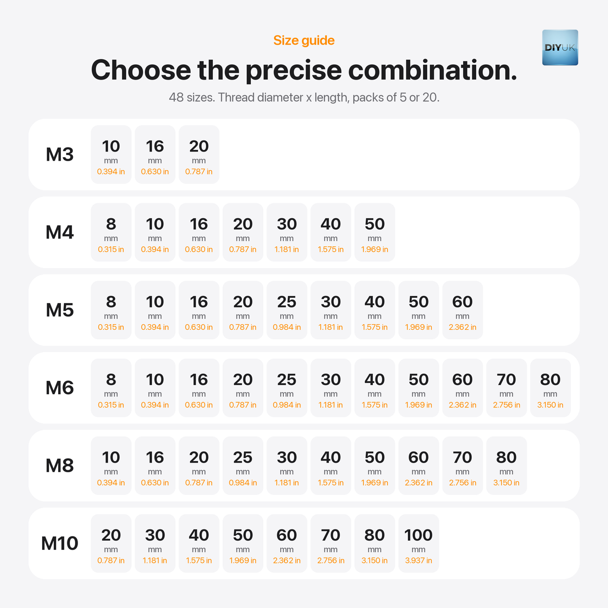 DIYUK A2 Stainless Steel Hex Socket Button Head Bolts (ISO 7380), size guide: 48 sizes from M3 to M10, thread diameter x length, packs of 5 or 20