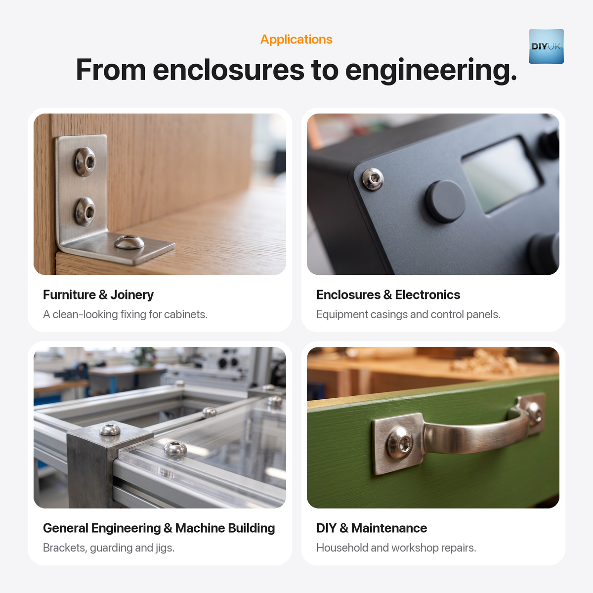 DIYUK A2 Stainless Steel Hex Socket Button Head Bolts (ISO 7380), applications: furniture and joinery, enclosures and electronics, general engineering and machine building, DIY and maintenance