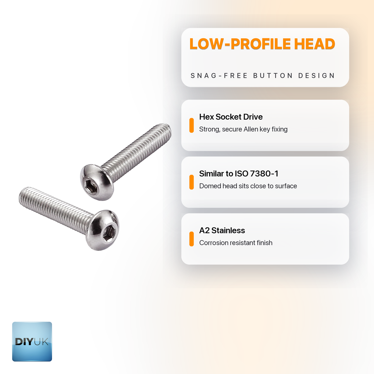 DIYUK A2 Stainless Steel Hex Socket Button Head Bolts (ISO 7380): low-profile snag-free head, hex socket drive, similar to ISO 7380-1, A2 stainless corrosion-resistant finish