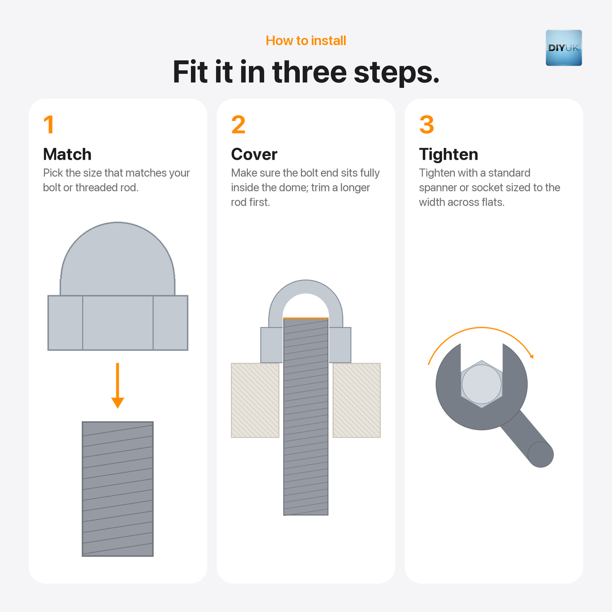 DIYUK A2 stainless steel dome nuts, how to install in three steps: match, pick the size that matches your bolt or threaded rod; cover, make sure the bolt end sits fully inside the dome and trim a longer rod first; tighten with a standard spanner or socket sized to the width across flats