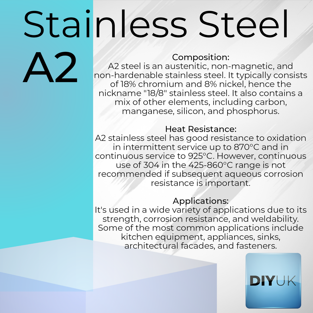 DIYUK information card about A2 stainless steel: composition, heat resistance and applications