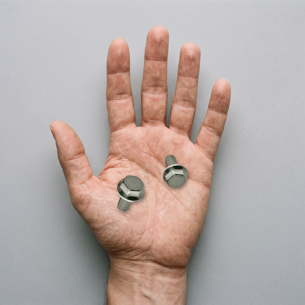 Two A2 stainless steel flanged hex head bolts shown in an open hand for scale