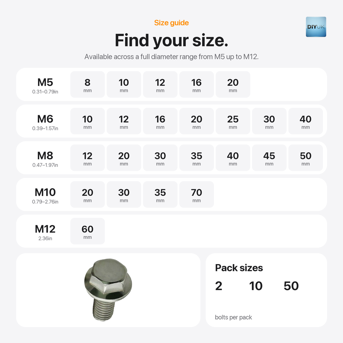 DIYUK A2 stainless steel flange bolts, size guide: M5 x 8, 10, 12, 16 or 20mm; M6 x 10, 12, 16, 20, 25, 30 or 40mm; M8 x 12, 20, 30, 35, 40, 45 or 50mm; M10 x 20, 30, 35 or 70mm; M12 x 60mm; packs of 2, 10 or 50 bolts