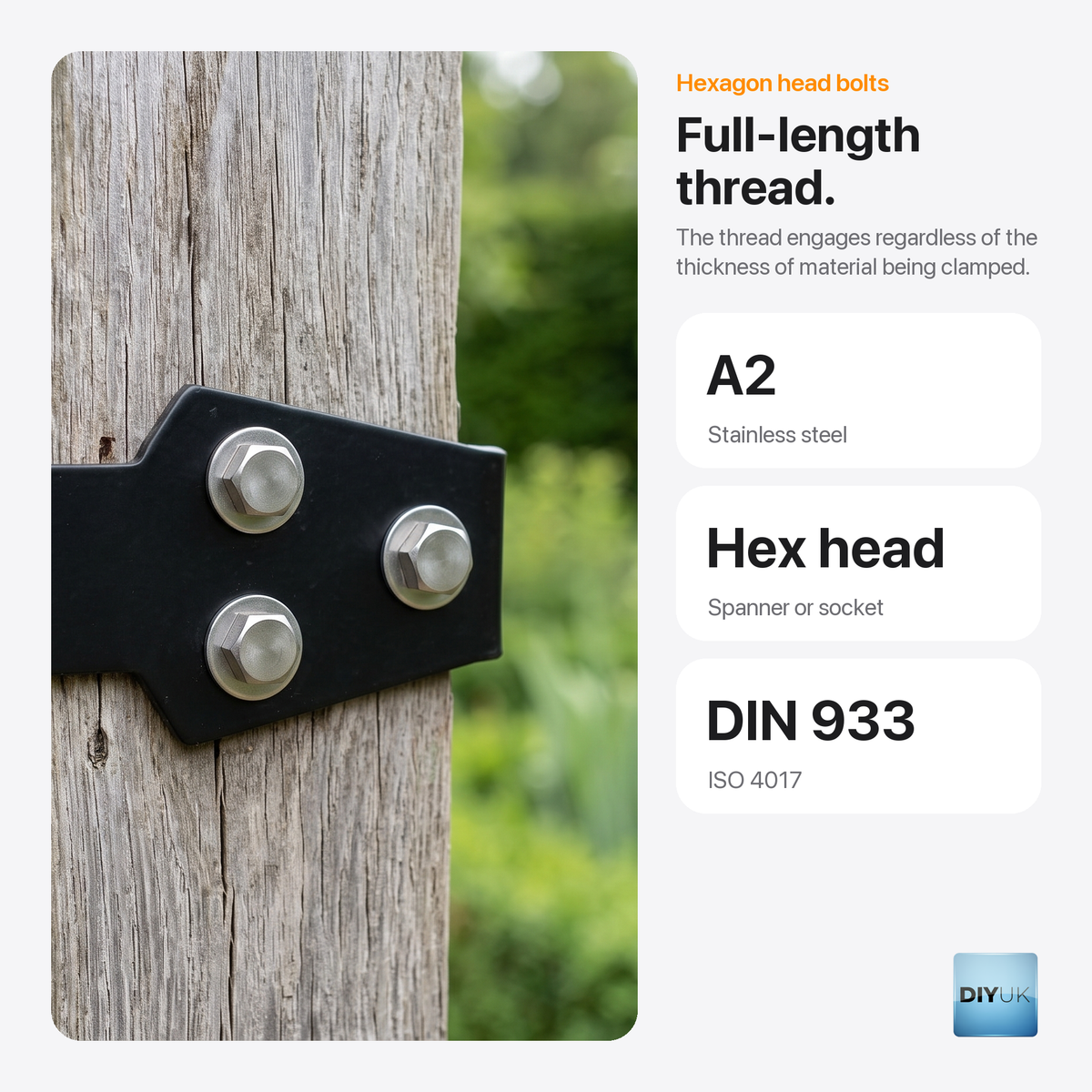 DIYUK A2 Stainless Steel Hexagon Head Bolts, DIN 933 / ISO 4017, key benefits: full-length thread, A2 stainless steel, hex head for a spanner or socket