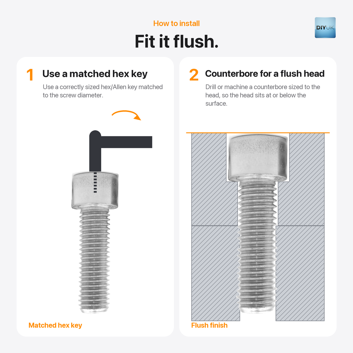 DIYUK A2 Stainless Steel Allen Socket Cap Head Screws DIN 912, how to install: use a matched hex key, counterbore for a flush head