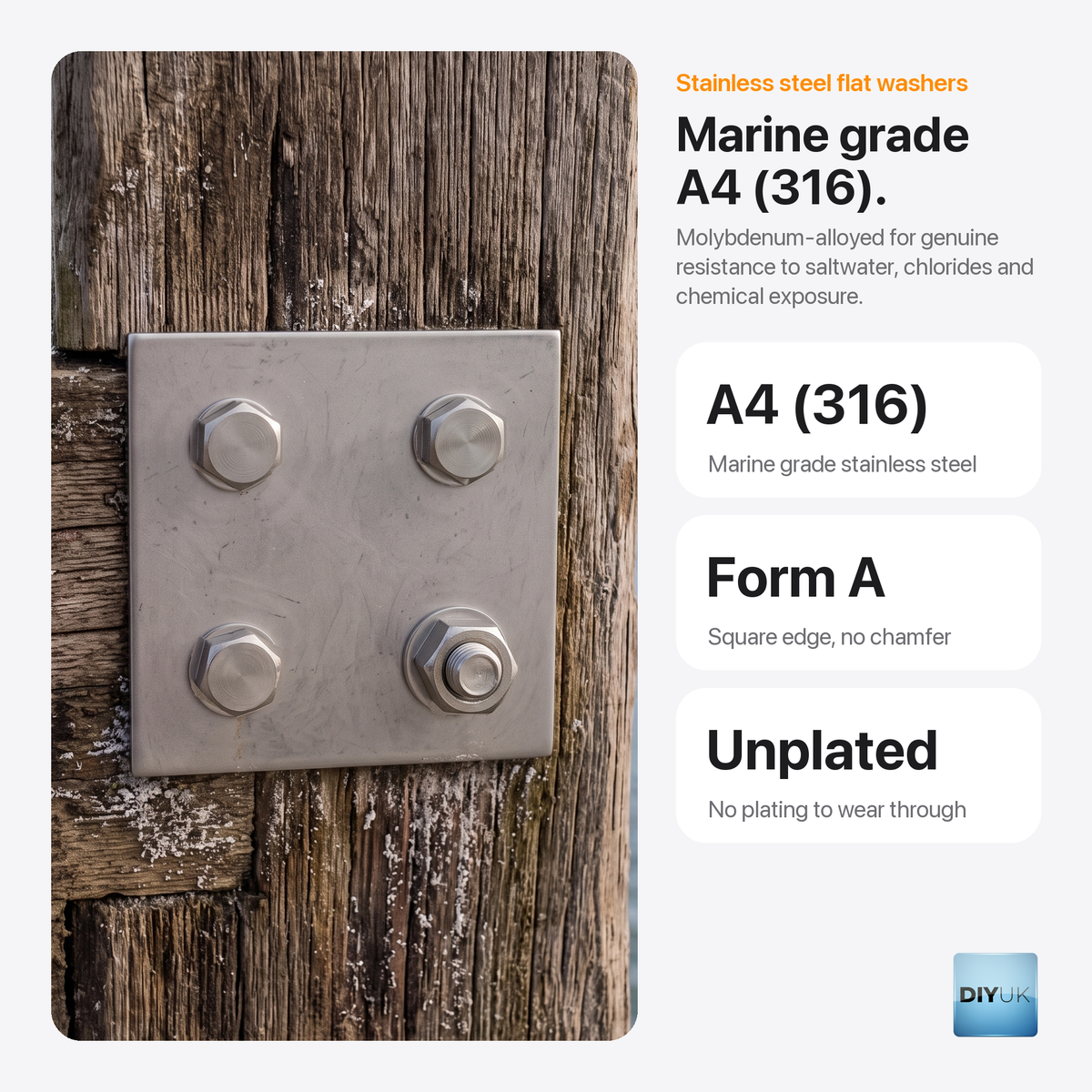 A4 Marine Grade Stainless Steel Flat Washers (DIN 125 / ISO 7089), key features
