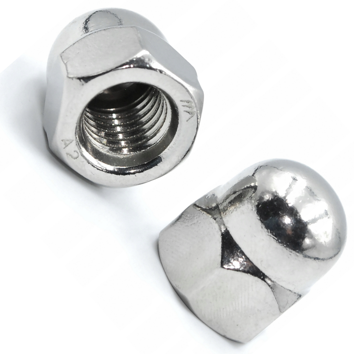 DIYUK A2 stainless steel dome nuts DIN 1587, two hex acorn cap nuts, one showing the internal thread and one the smooth rounded dome, on a white background
