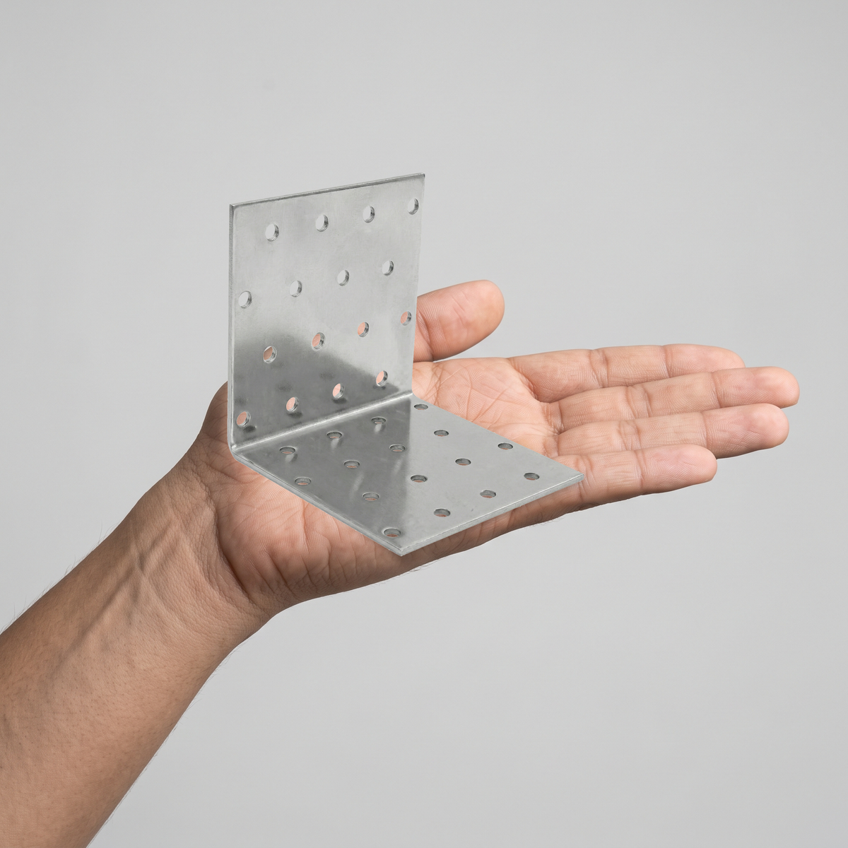Heavy Duty Galvanised Angle Brackets - 2.0mm Steel L Corner Brace, shown in hand for scale