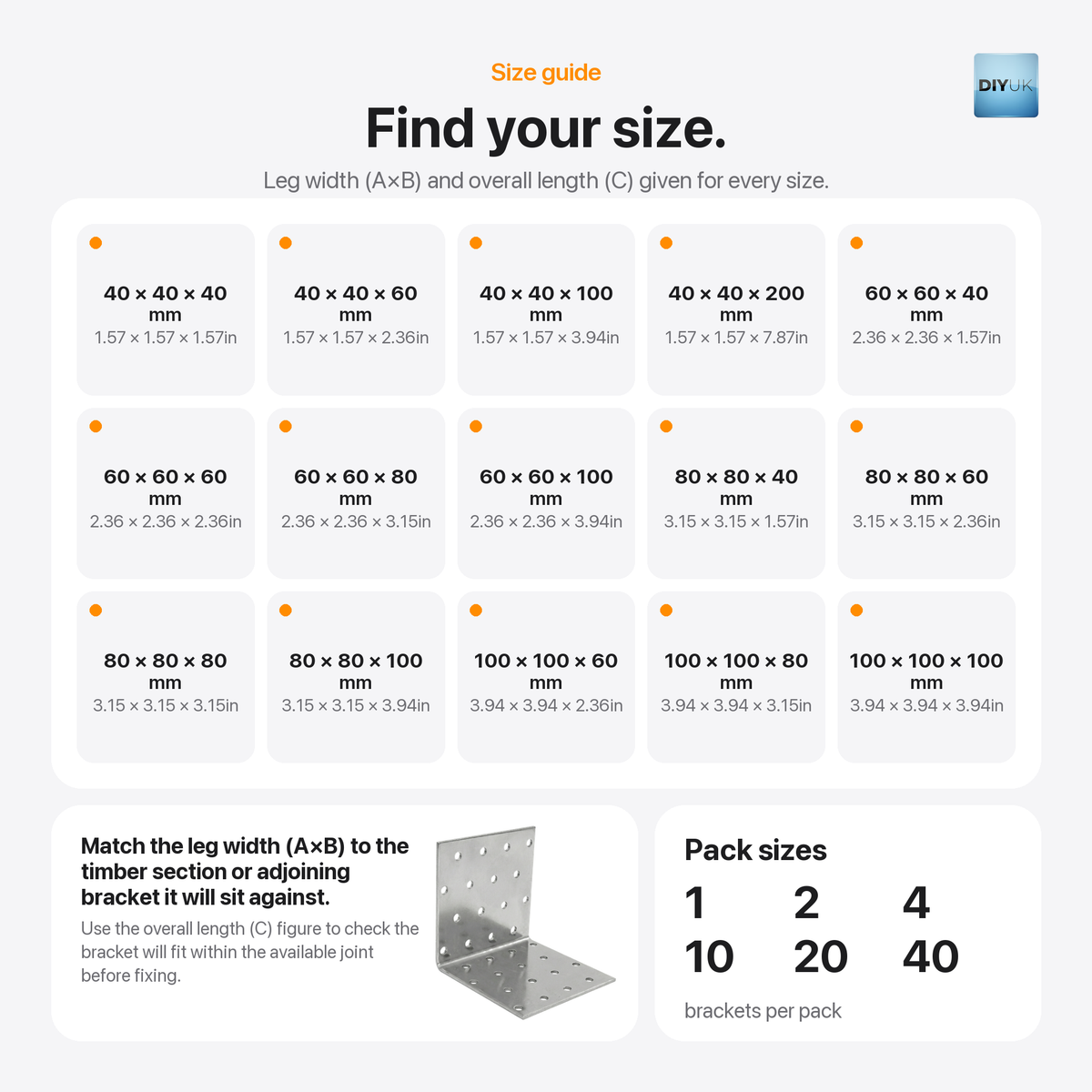Heavy Duty Galvanised Angle Brackets - 2.0mm Steel L Corner Brace, size guide