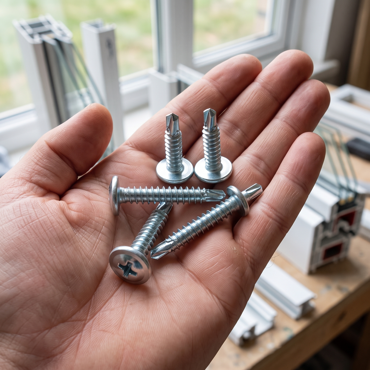 Premium Wafer Head Baypole Tek Screws for UPVC Windows, shown in hand for scale