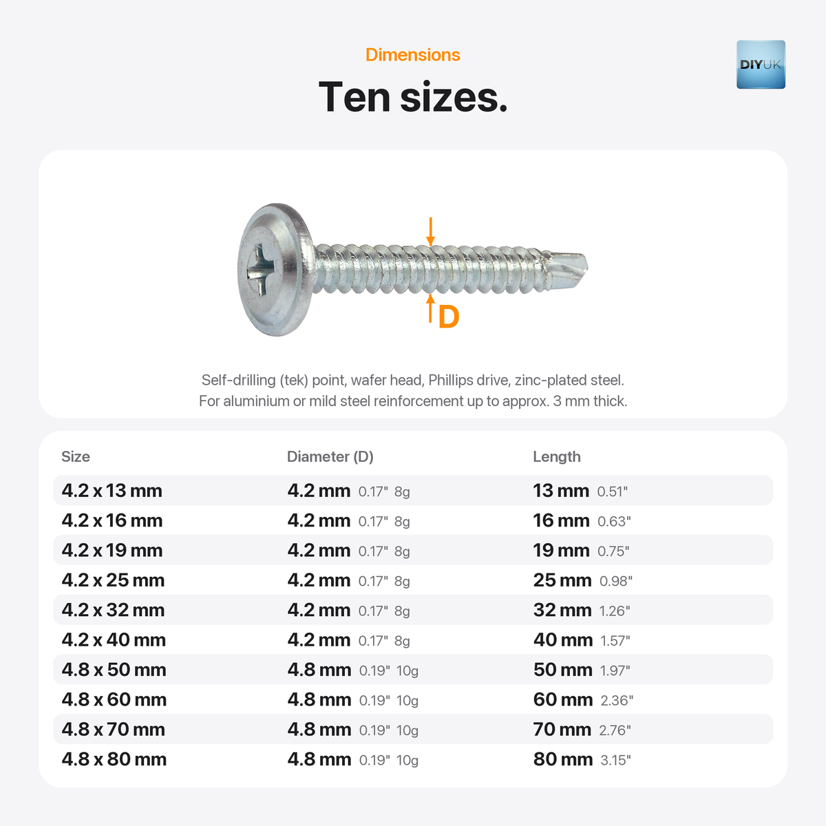 Premium Wafer Head Baypole Tek Screws for UPVC Windows, dimensions