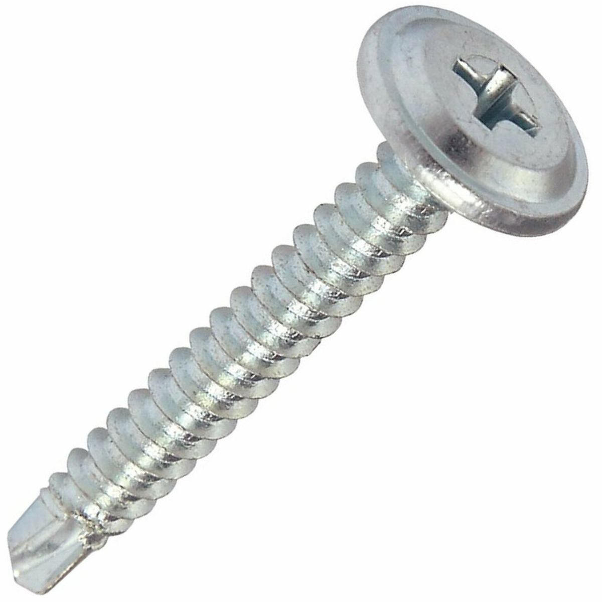 Close-up of a bright zinc-plated self-drilling baypole screw with a low-profile wafer head, designed for flush UPVC window installations.