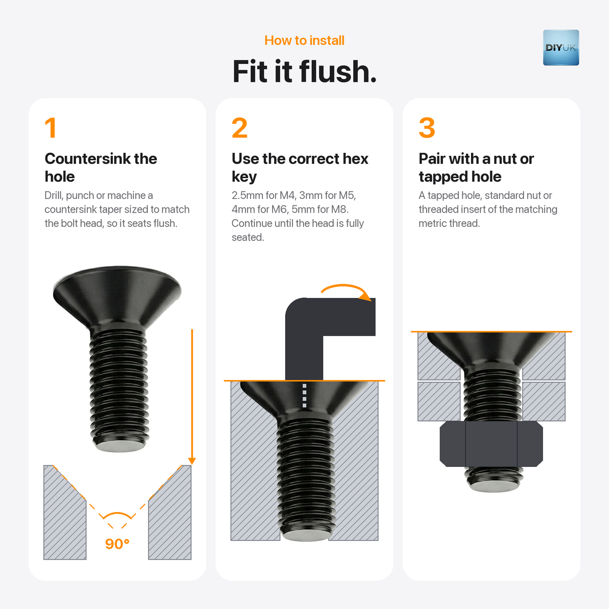 Black Hex Socket Countersunk Bolts - DIN 7991 Grade 10.9, installation guide