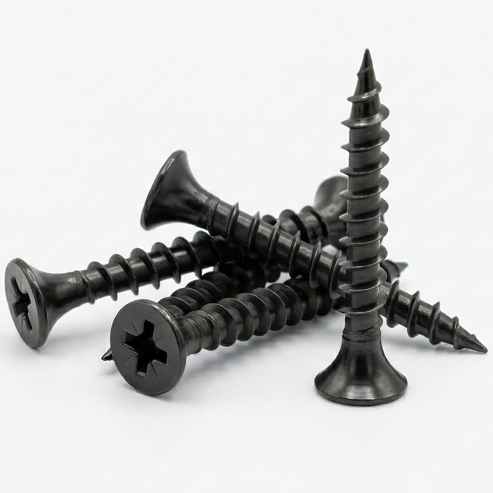 Black phosphate coarse thread drywall screws with bugle head and PH2 Phillips drive