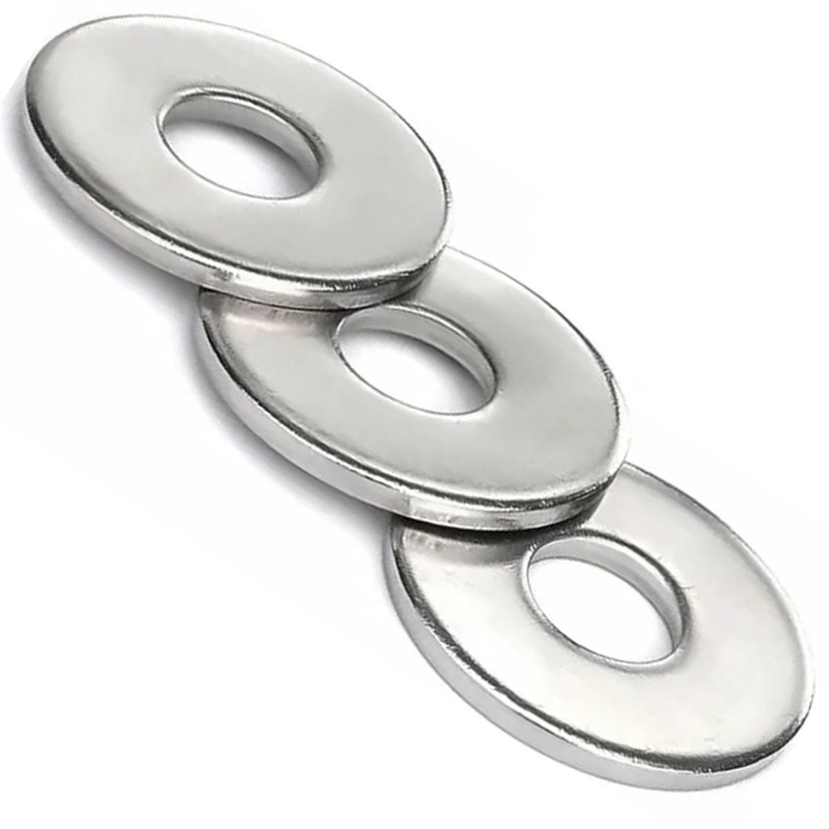 Three zinc-plated steel penny washers, DIN 9021 large flat washers, overlapping on a white background