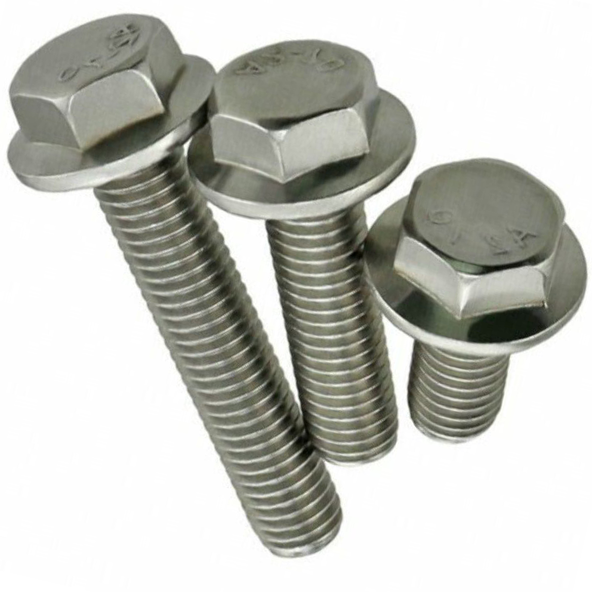 Close-up of three A2 stainless steel flanged hex head bolts, showing the flange under each hexagon head and the full-length thread