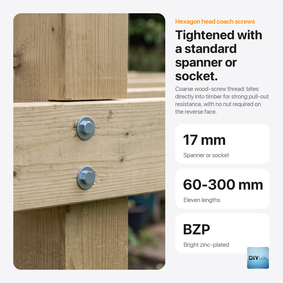 M10 (10mm) Hex Head Coach Screws - Heavy Duty BZP Timber Lag Bolts, key features