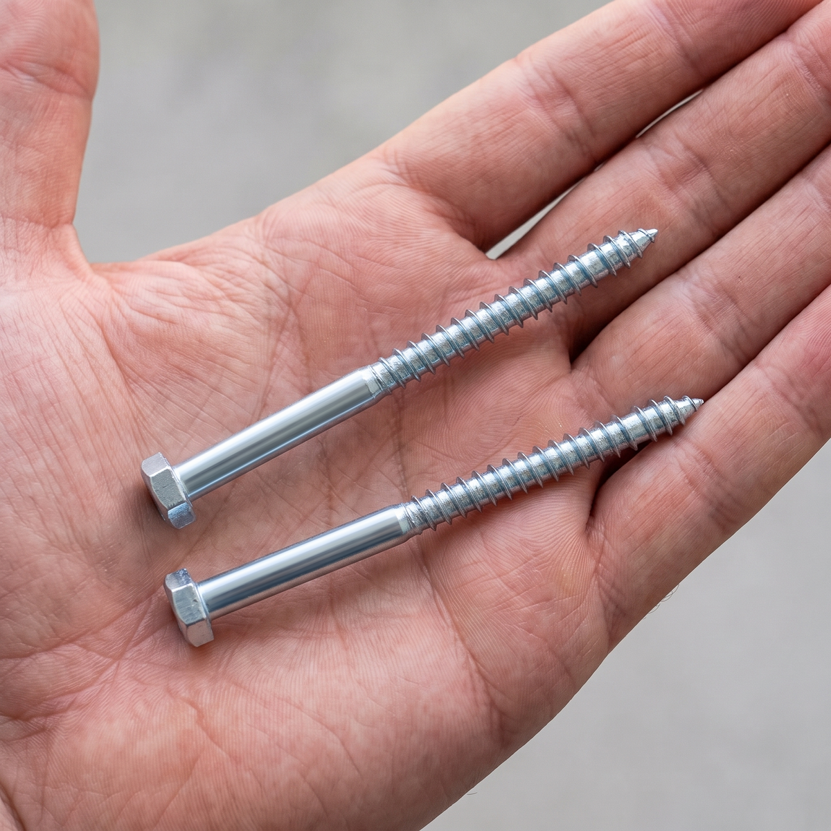 Two M6 hex head coach screws with a bright zinc-plated finish, shown in an open hand for scale