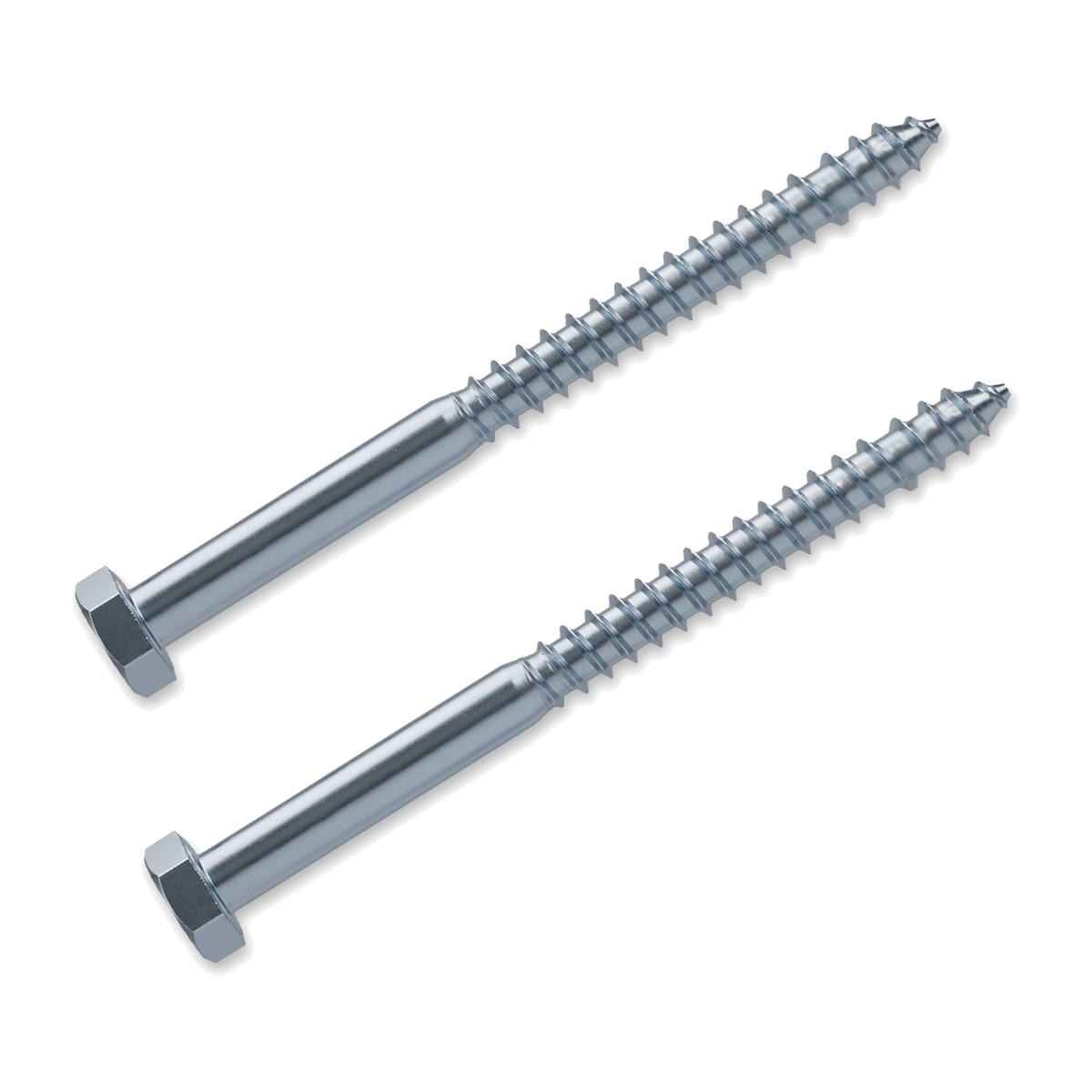 Two DIYUK M6 hex head coach screws with a bright zinc-plated (BZP) finish, plain shank and coarse wood-screw thread, on a white background