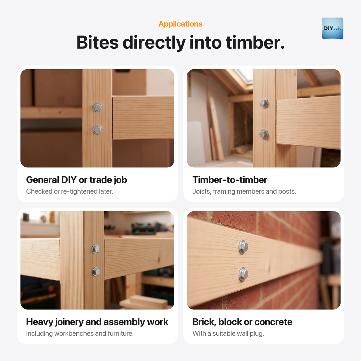DIYUK M6 hex head coach screws, applications: general DIY or trade jobs, checked or re-tightened later; timber-to-timber joists, framing members and posts; heavy joinery and assembly work including workbenches and furniture; brick, block or concrete with a suitable wall plug
