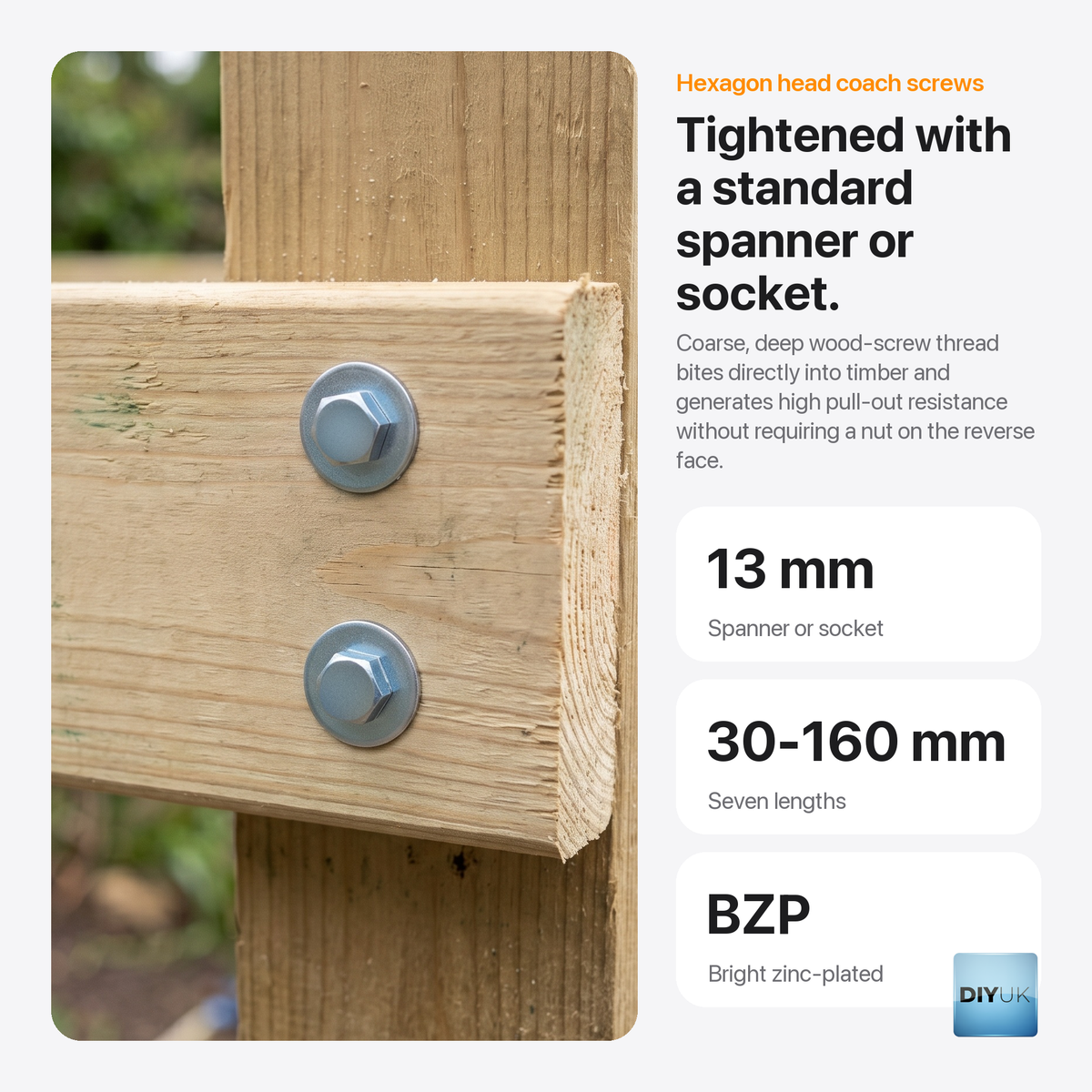 M8 (8mm) Hex Head Coach Screws - Heavy Duty BZP Timber Fasteners, key features